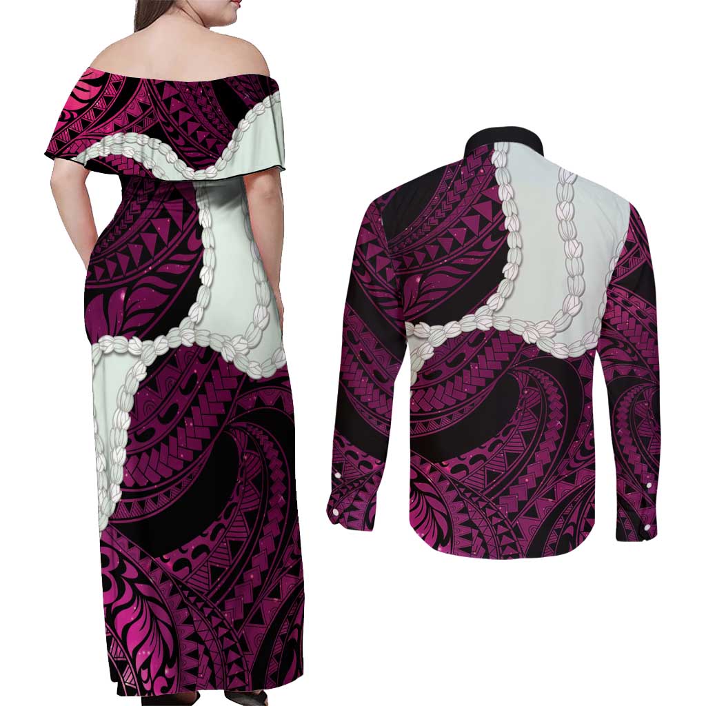 Pink Galaxy Polynesia Tribal Octopus Tattoo Couples Matching Off Shoulder Maxi Dress and Long Sleeve Button Shirt Pikake Lei Polynesian Pattern