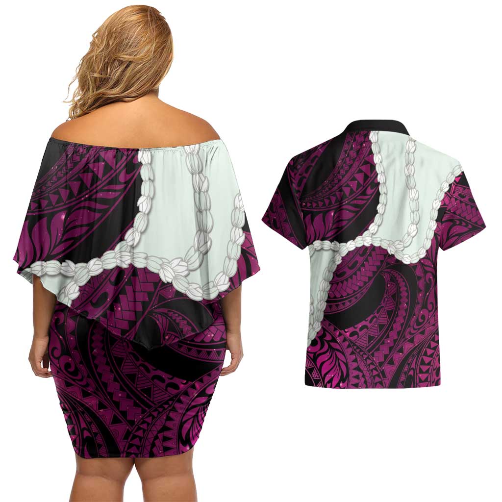 Pink Galaxy Polynesia Tribal Octopus Tattoo Couples Matching Off Shoulder Short Dress and Hawaiian Shirt Pikake Lei Polynesian Pattern