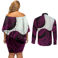 Pink Galaxy Polynesia Tribal Octopus Tattoo Couples Matching Off Shoulder Short Dress and Long Sleeve Button Shirt Pikake Lei Polynesian Pattern