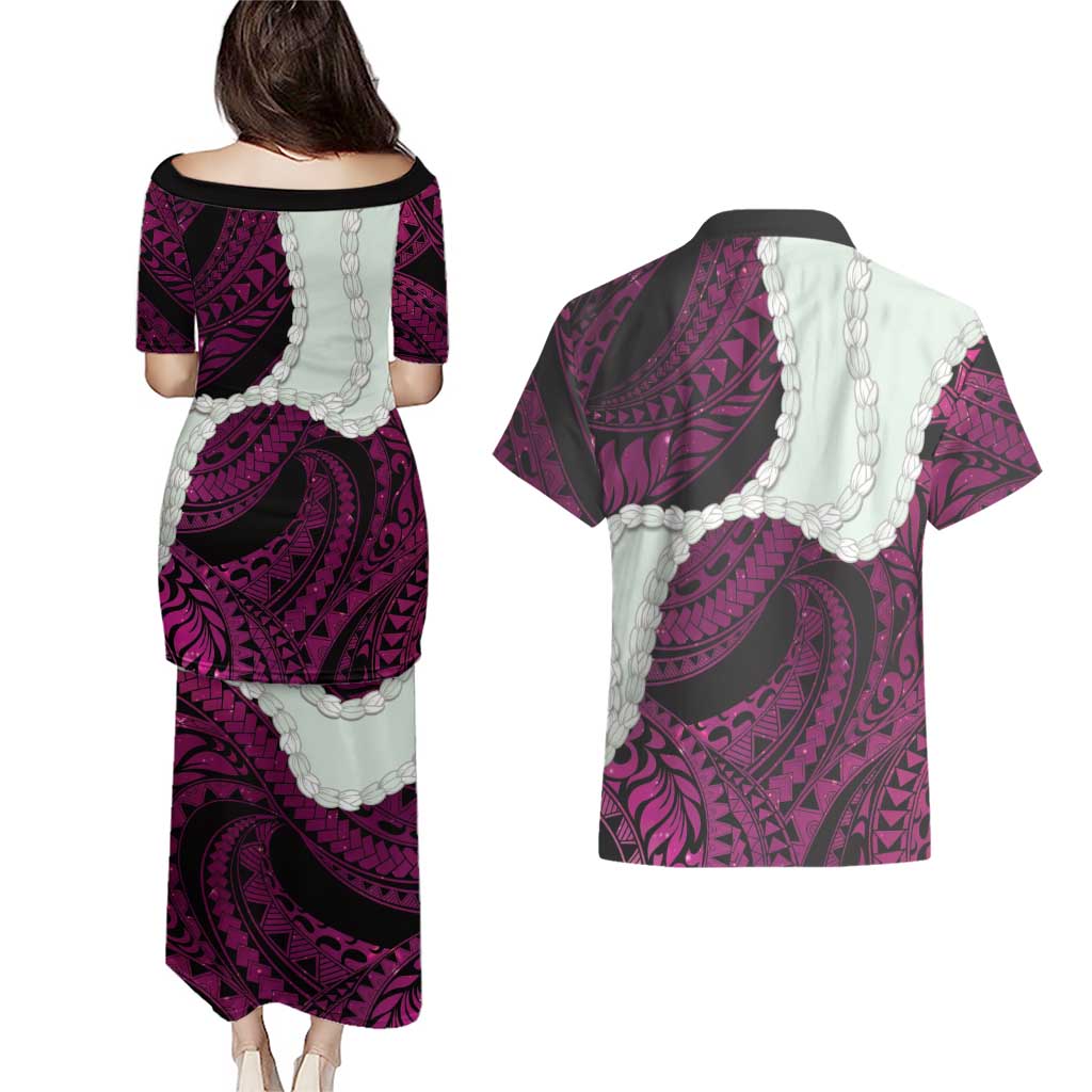 Pink Galaxy Polynesia Tribal Octopus Tattoo Couples Matching Puletasi and Hawaiian Shirt Pikake Lei Polynesian Pattern