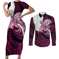 Pink Galaxy Polynesia Tribal Octopus Tattoo Couples Matching Short Sleeve Bodycon Dress and Long Sleeve Button Shirt Pikake Lei Polynesian Pattern