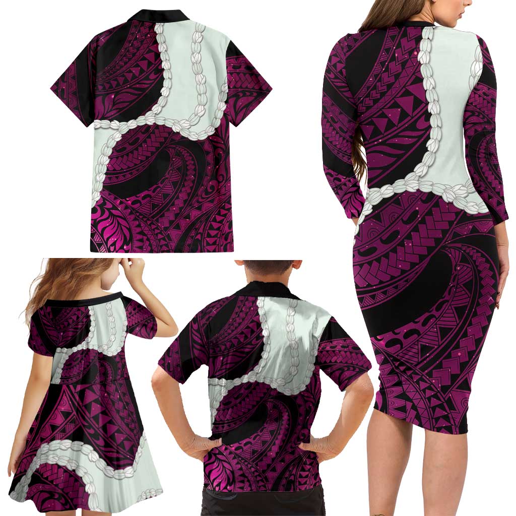 Pink Galaxy Polynesia Tribal Octopus Tattoo Family Matching Long Sleeve Bodycon Dress and Hawaiian Shirt Pikake Lei Polynesian Pattern