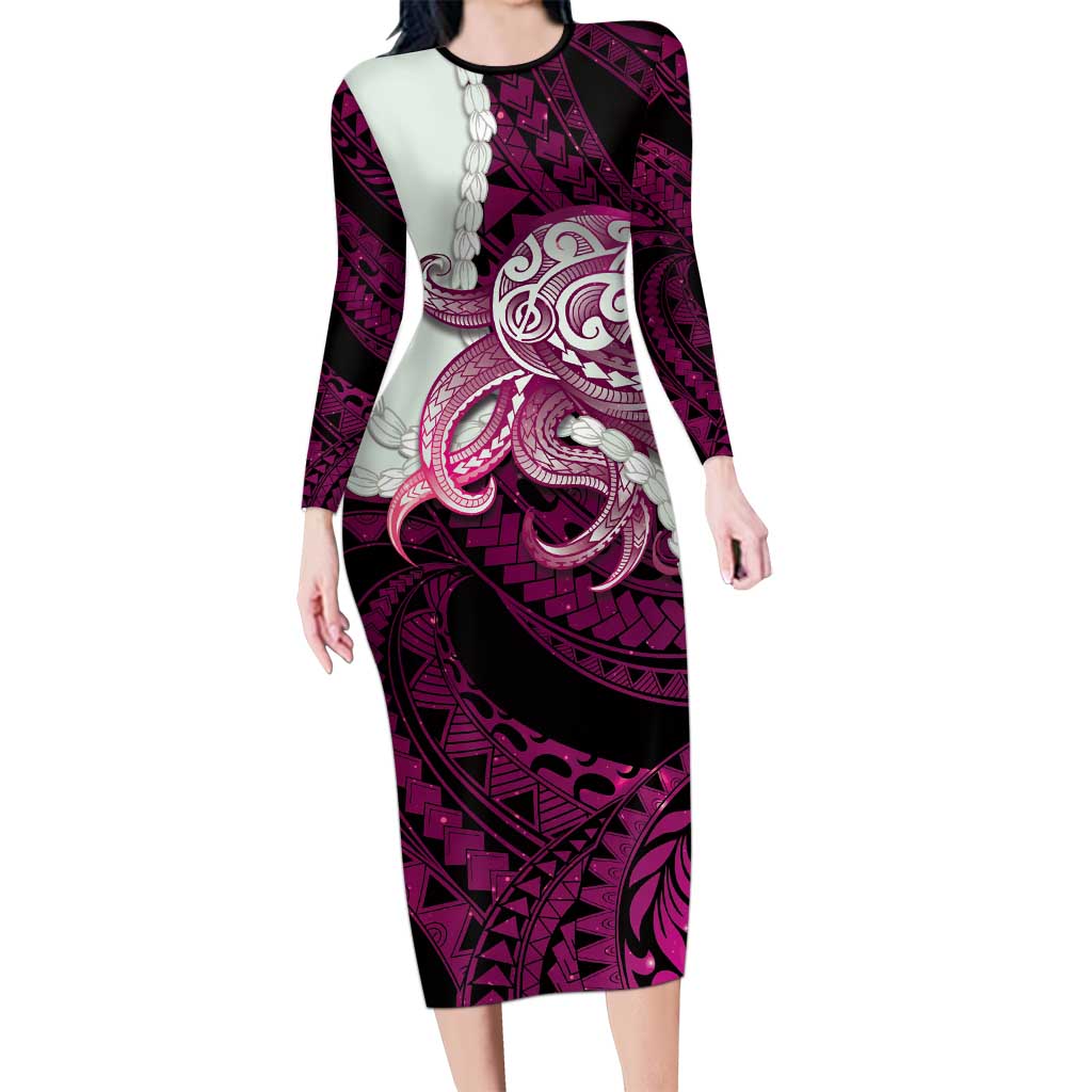 Pink Galaxy Polynesia Tribal Octopus Tattoo Family Matching Long Sleeve Bodycon Dress and Hawaiian Shirt Pikake Lei Polynesian Pattern