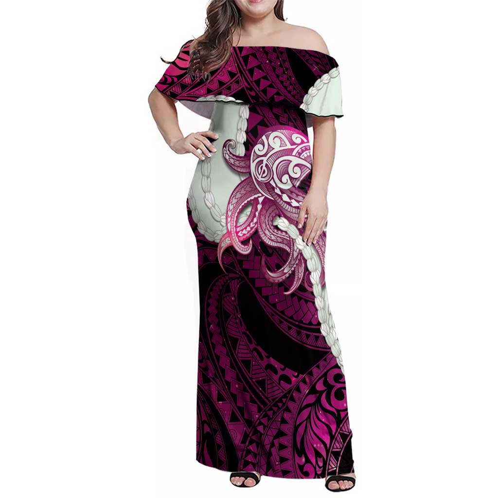Pink Galaxy Polynesia Tribal Octopus Tattoo Family Matching Off Shoulder Maxi Dress and Hawaiian Shirt Pikake Lei Polynesian Pattern