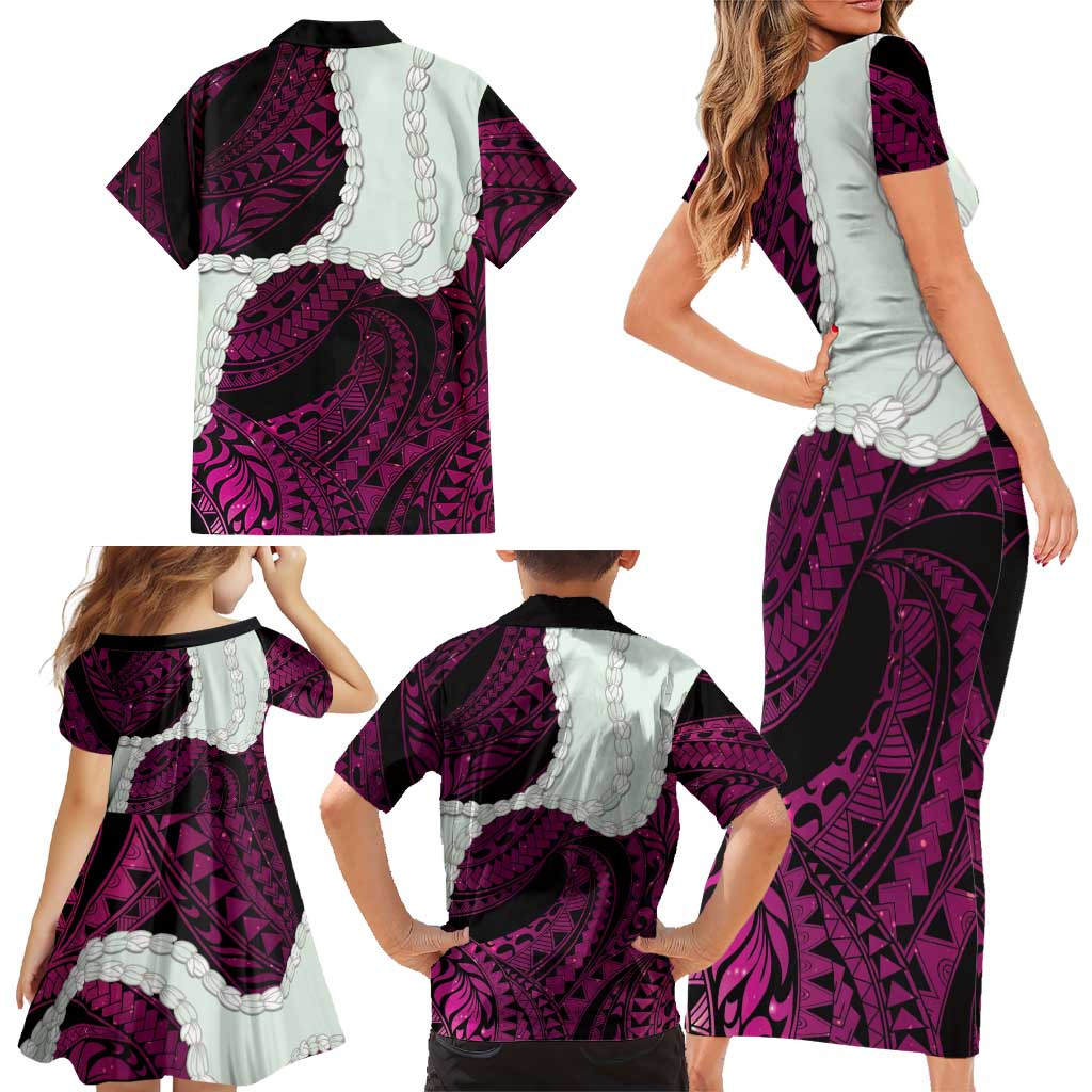 Pink Galaxy Polynesia Tribal Octopus Tattoo Family Matching Short Sleeve Bodycon Dress and Hawaiian Shirt Pikake Lei Polynesian Pattern