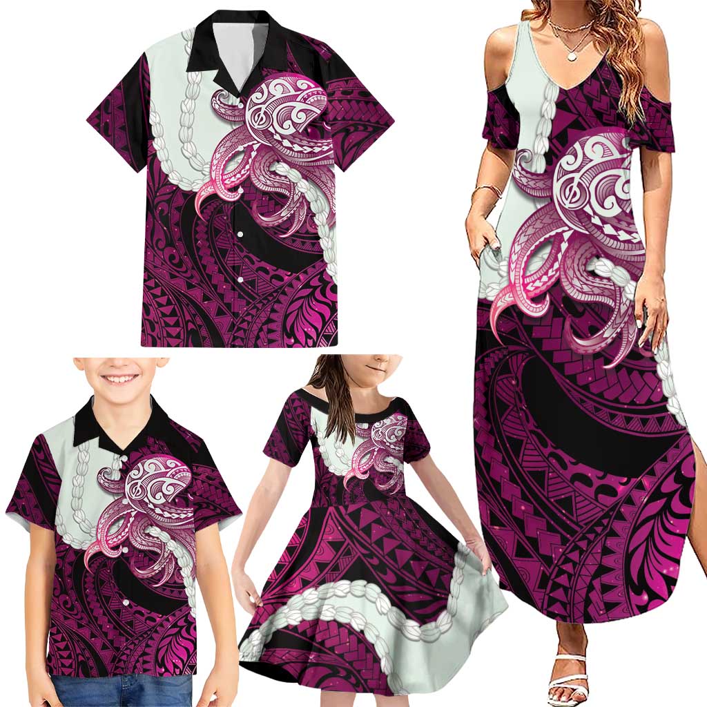 Pink Galaxy Polynesia Tribal Octopus Tattoo Family Matching Summer Maxi Dress and Hawaiian Shirt Pikake Lei Polynesian Pattern