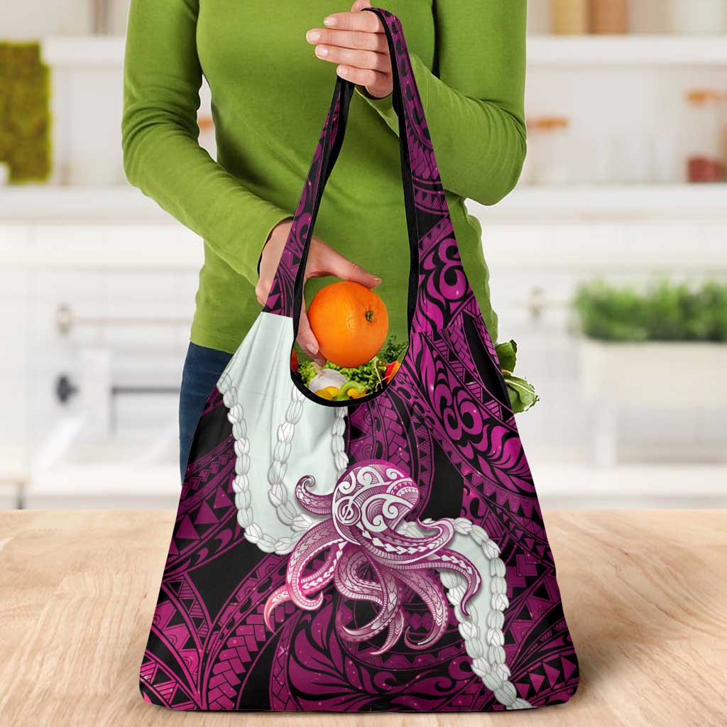 Pink Galaxy Polynesia Tribal Octopus Tattoo Grocery Bag Pikake Lei Polynesian Pattern