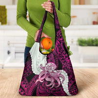 Pink Galaxy Polynesia Tribal Octopus Tattoo Grocery Bag Pikake Lei Polynesian Pattern