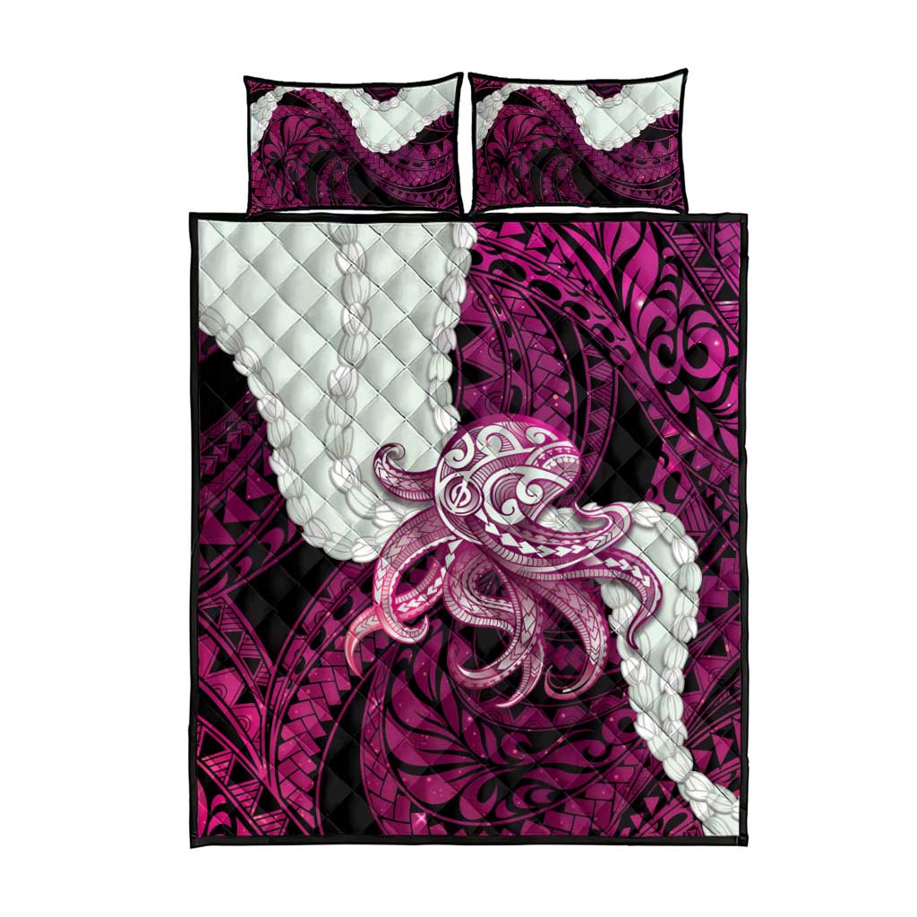 Pink Galaxy Polynesia Tribal Octopus Tattoo Quilt Bed Set Pikake Lei Polynesian Pattern