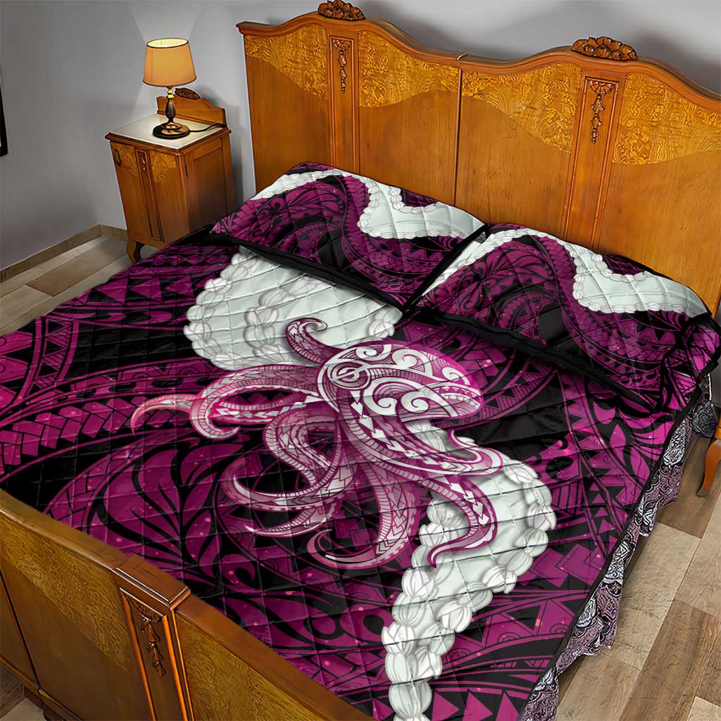 Pink Galaxy Polynesia Tribal Octopus Tattoo Quilt Bed Set Pikake Lei Polynesian Pattern