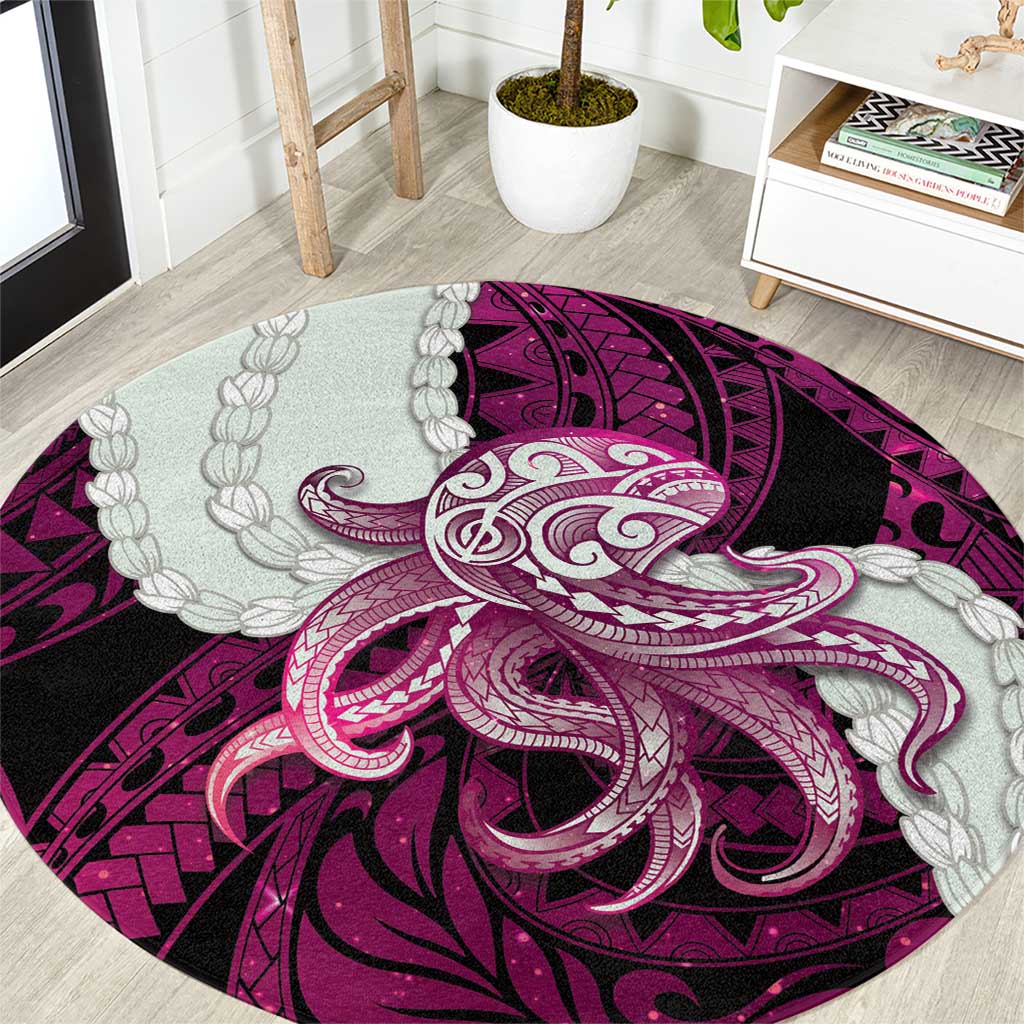 Pink Galaxy Polynesia Tribal Octopus Tattoo Round Carpet Pikake Lei Polynesian Pattern