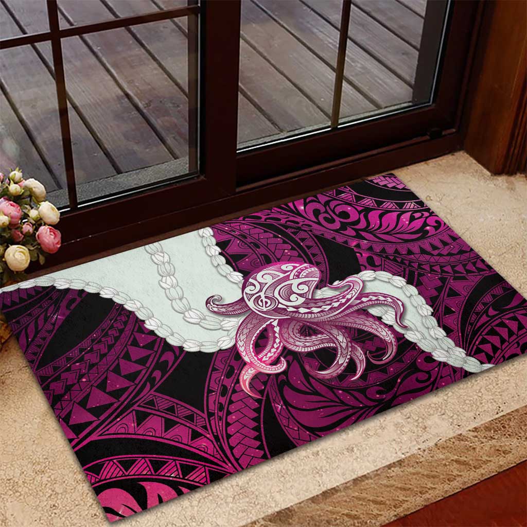 Pink Galaxy Polynesia Tribal Octopus Tattoo Rubber Doormat Pikake Lei Polynesian Pattern