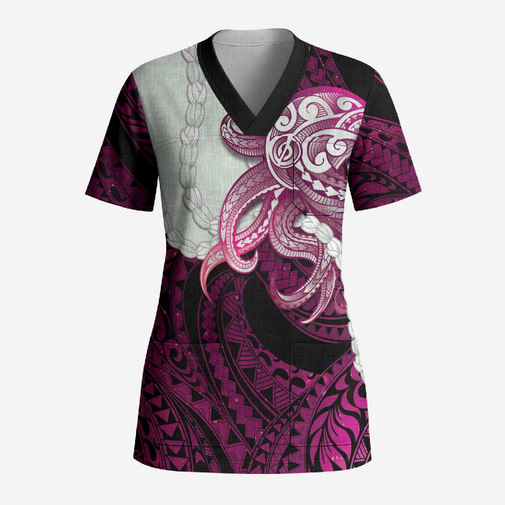 Pink Galaxy Polynesia Tribal Octopus Tattoo Scrub Top Pikake Lei Polynesian Pattern