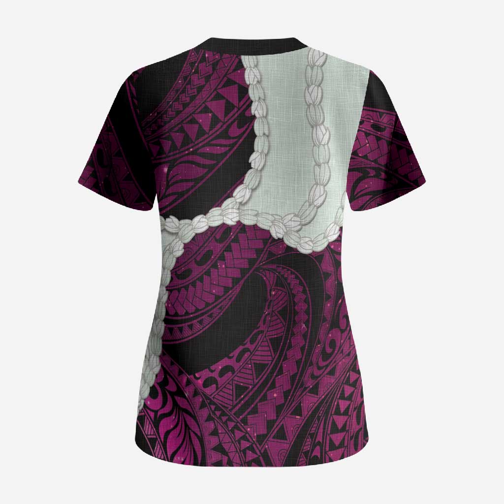 Pink Galaxy Polynesia Tribal Octopus Tattoo Scrub Top Pikake Lei Polynesian Pattern