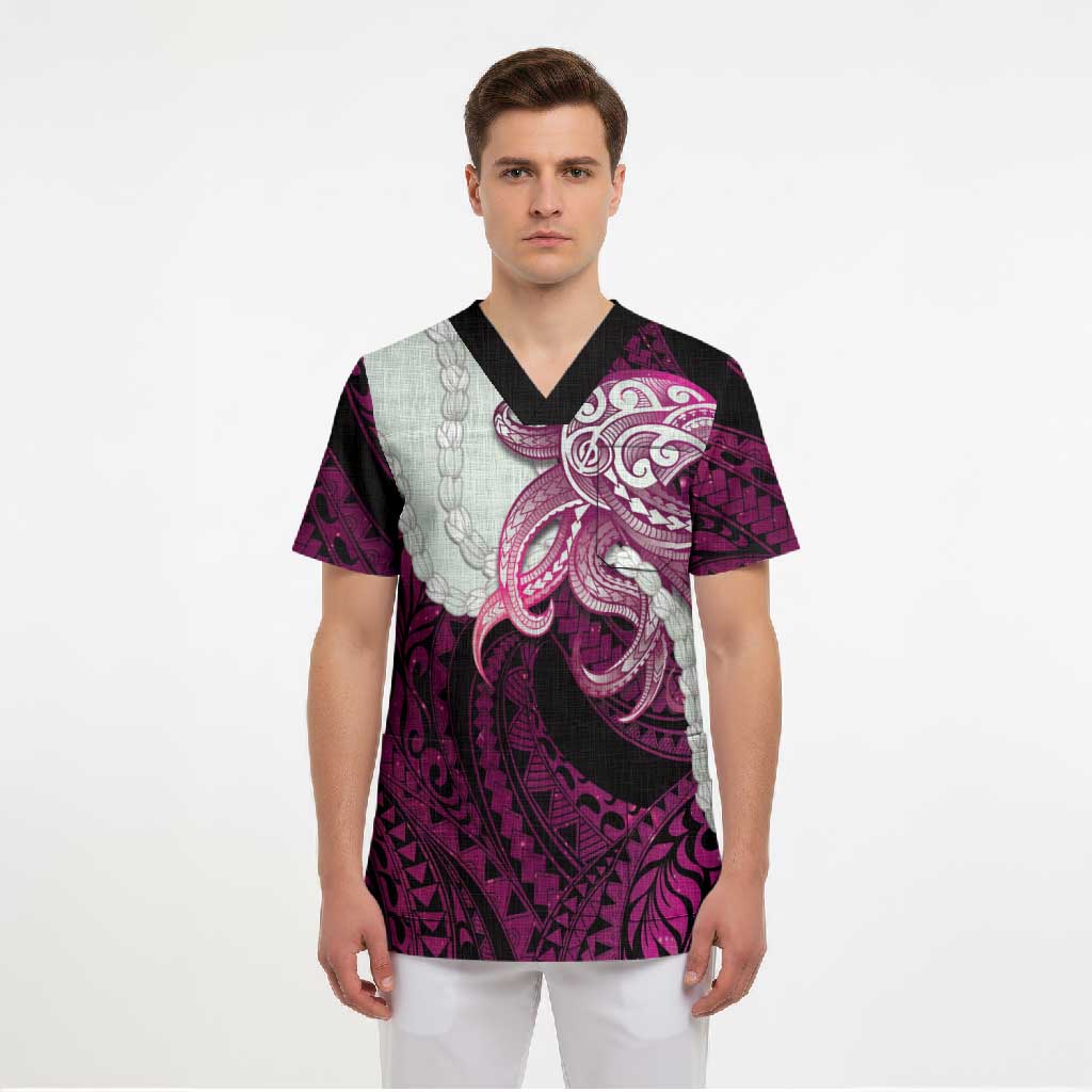 Pink Galaxy Polynesia Tribal Octopus Tattoo Scrub Top Pikake Lei Polynesian Pattern