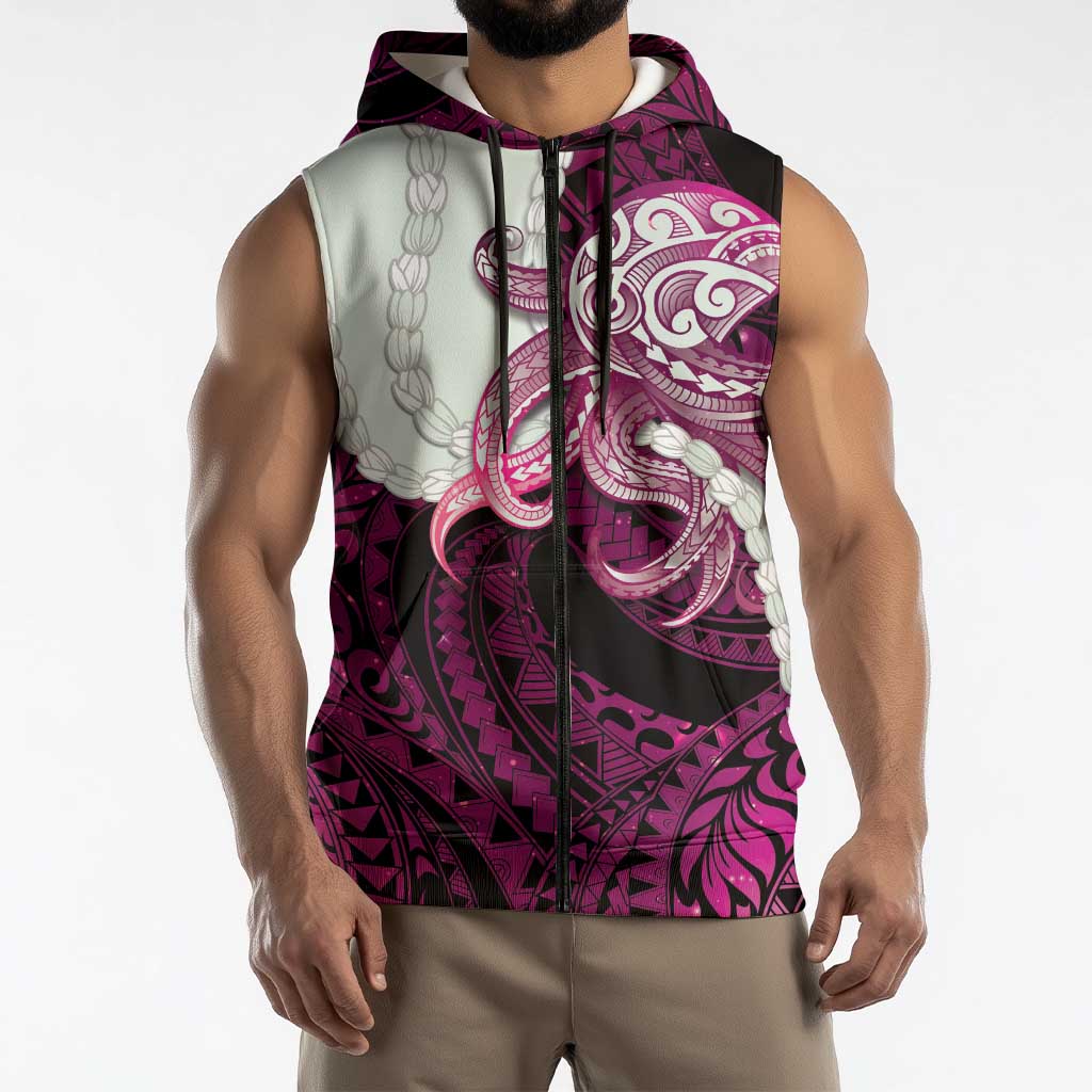 Pink Galaxy Polynesia Tribal Octopus Tattoo Sleeveless Zip Hoodie Pikake Lei Polynesian Pattern