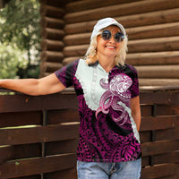 Pink Galaxy Polynesia Tribal Octopus Tattoo Women Polo Shirt Pikake Lei Polynesian Pattern