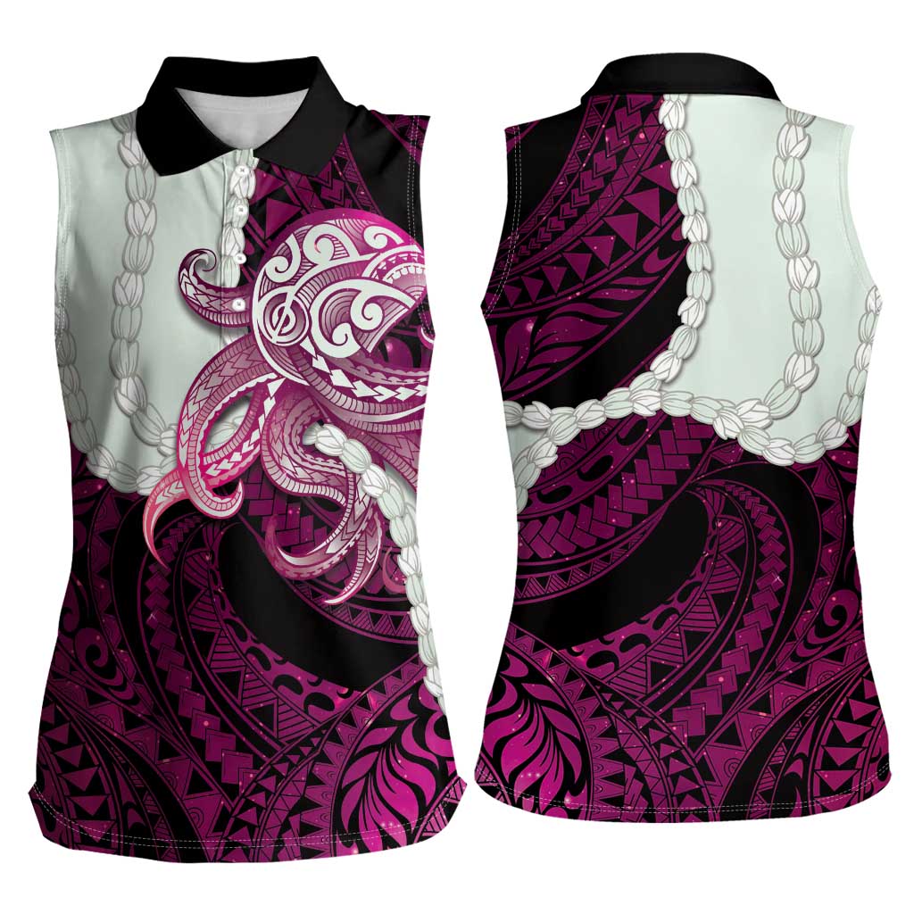 Pink Galaxy Polynesia Tribal Octopus Tattoo Women Sleeveless Polo Shirt Pikake Lei Polynesian Pattern