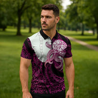Pink Galaxy Polynesia Tribal Octopus Tattoo Zipper Polo Shirt Pikake Lei Polynesian Pattern