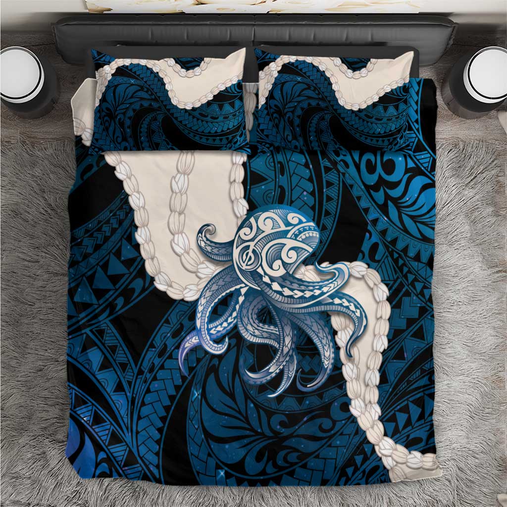 Blue Galaxy Polynesia Tribal Octopus Tattoo Bedding Set Pikake Lei Polynesian Pattern