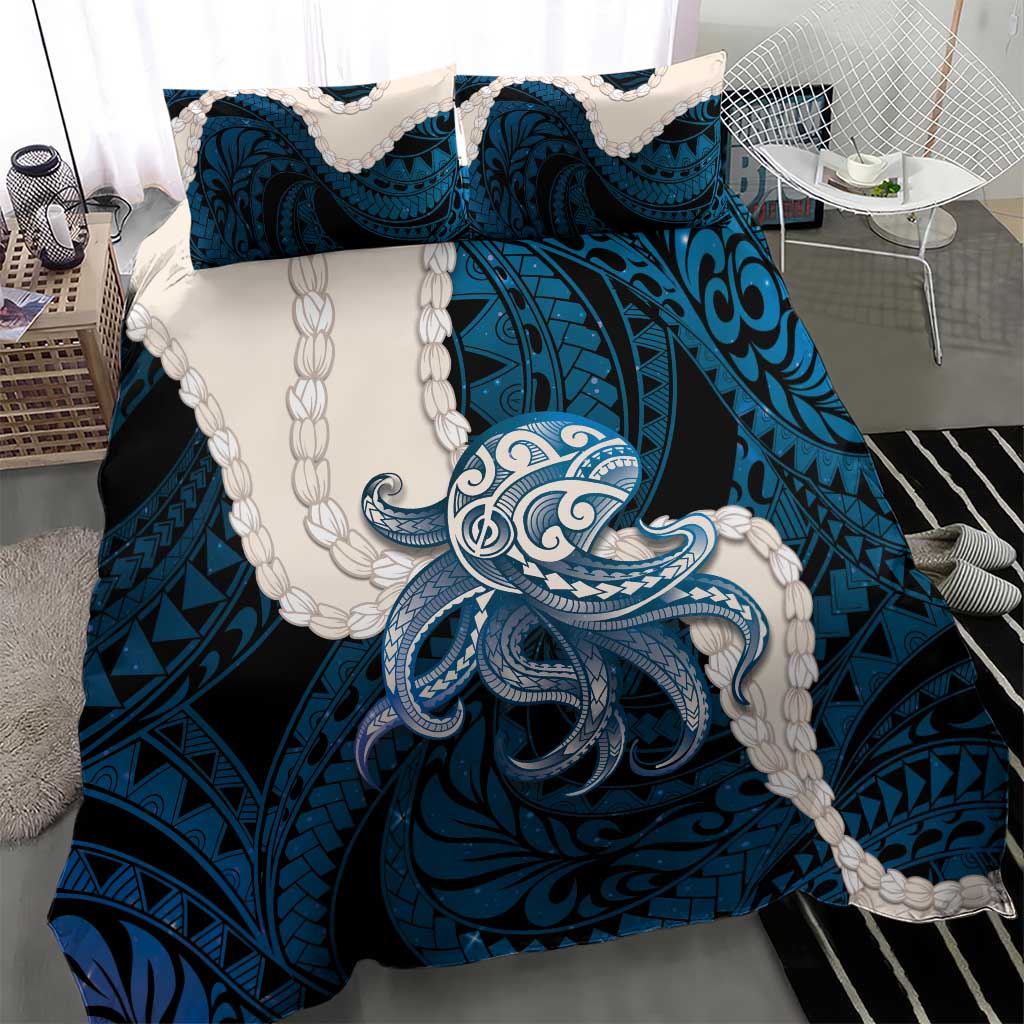 Blue Galaxy Polynesia Tribal Octopus Tattoo Bedding Set Pikake Lei Polynesian Pattern