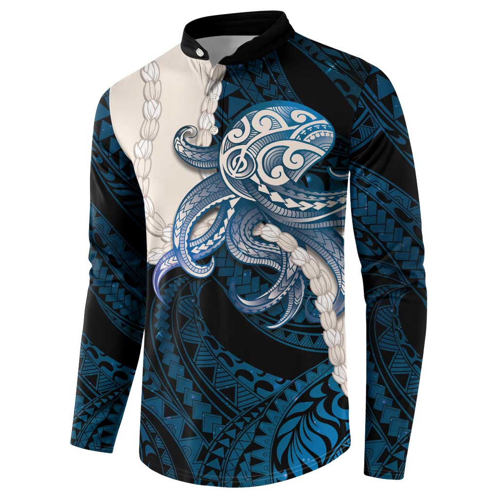 Blue Galaxy Polynesia Tribal Octopus Tattoo Button Sweatshirt Pikake Lei Polynesian Pattern