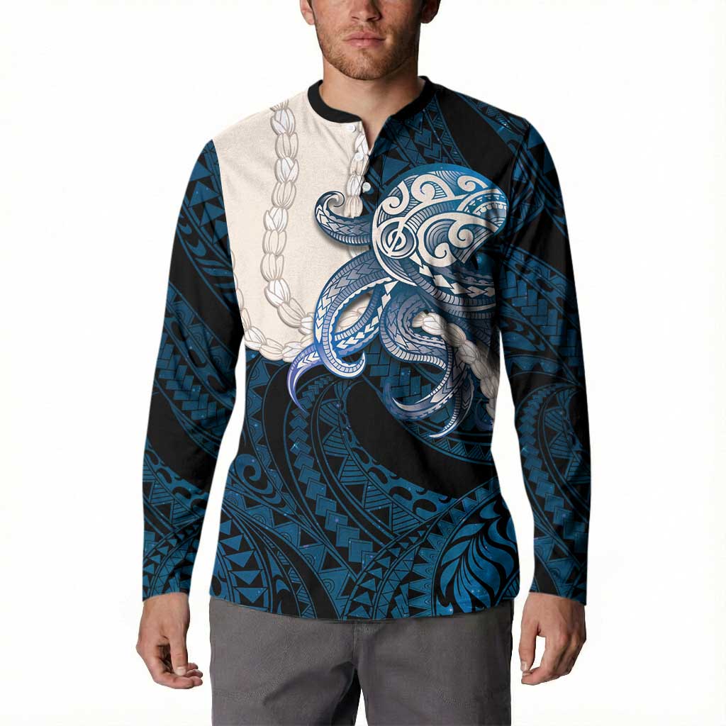 Blue Galaxy Polynesia Tribal Octopus Tattoo Button Sweatshirt Pikake Lei Polynesian Pattern