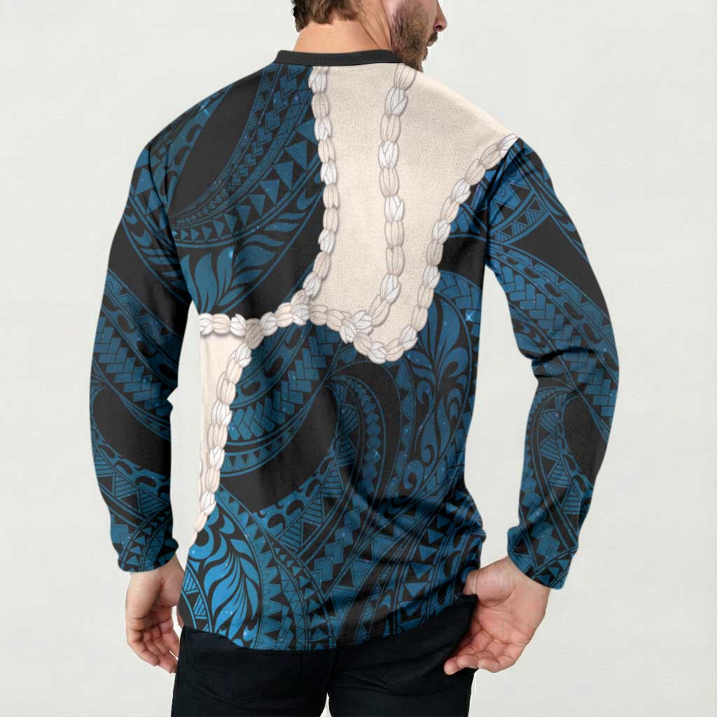 Blue Galaxy Polynesia Tribal Octopus Tattoo Button Sweatshirt Pikake Lei Polynesian Pattern