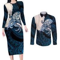Blue Galaxy Polynesia Tribal Octopus Tattoo Couples Matching Long Sleeve Bodycon Dress and Long Sleeve Button Shirt Pikake Lei Polynesian Pattern