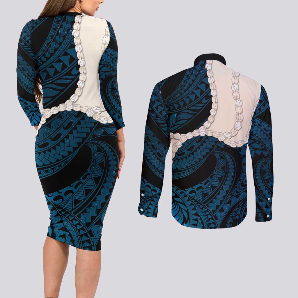 Blue Galaxy Polynesia Tribal Octopus Tattoo Couples Matching Long Sleeve Bodycon Dress and Long Sleeve Button Shirt Pikake Lei Polynesian Pattern