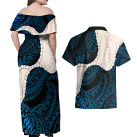 Blue Galaxy Polynesia Tribal Octopus Tattoo Couples Matching Off Shoulder Maxi Dress and Hawaiian Shirt Pikake Lei Polynesian Pattern