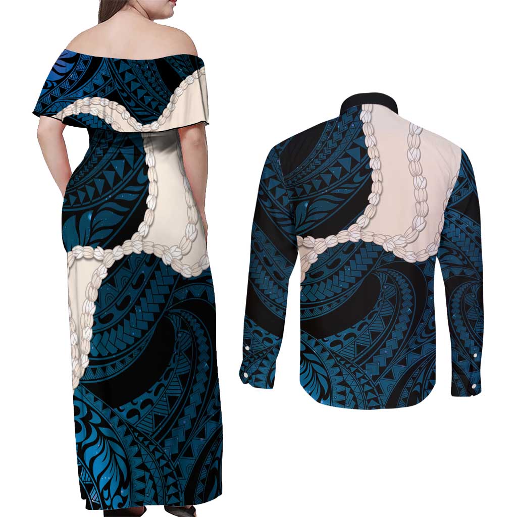 Blue Galaxy Polynesia Tribal Octopus Tattoo Couples Matching Off Shoulder Maxi Dress and Long Sleeve Button Shirt Pikake Lei Polynesian Pattern