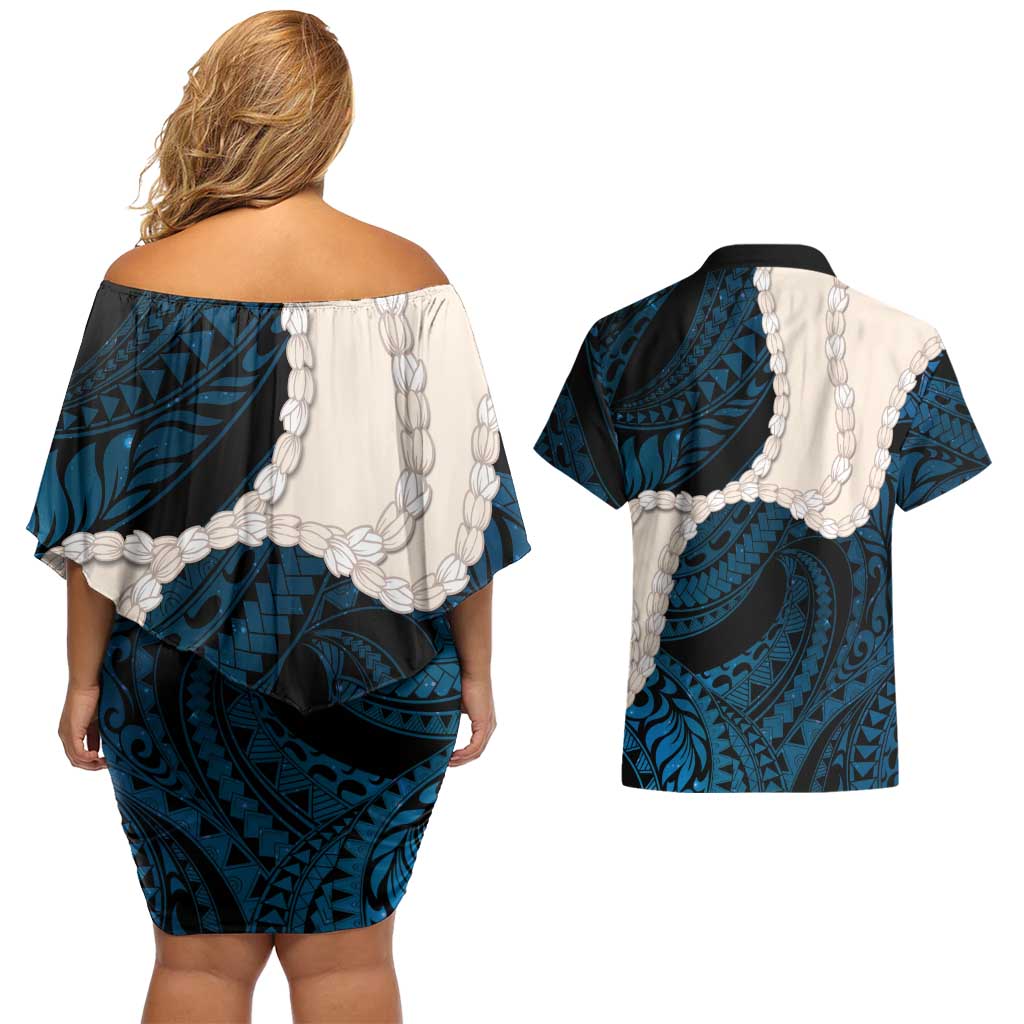 Blue Galaxy Polynesia Tribal Octopus Tattoo Couples Matching Off Shoulder Short Dress and Hawaiian Shirt Pikake Lei Polynesian Pattern