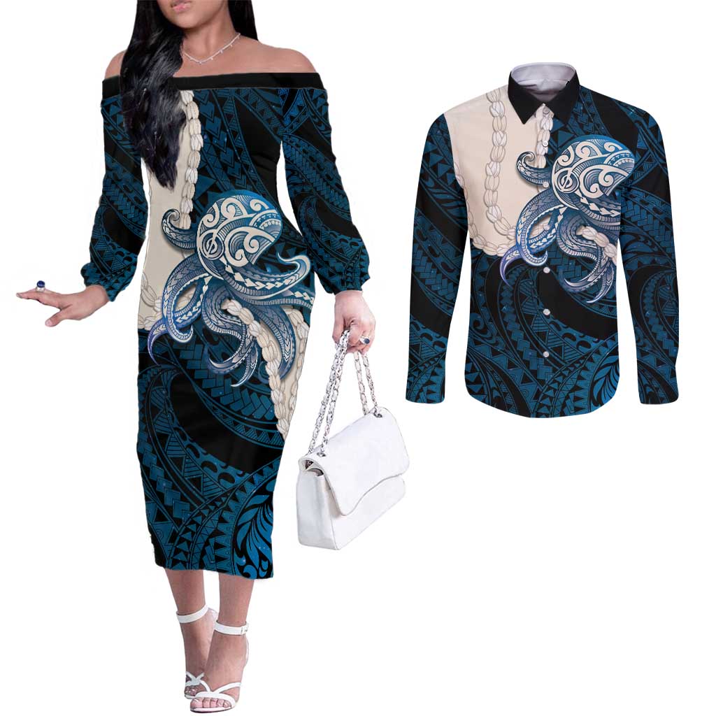 Blue Galaxy Polynesia Tribal Octopus Tattoo Couples Matching Off The Shoulder Long Sleeve Dress and Long Sleeve Button Shirt Pikake Lei Polynesian Pattern