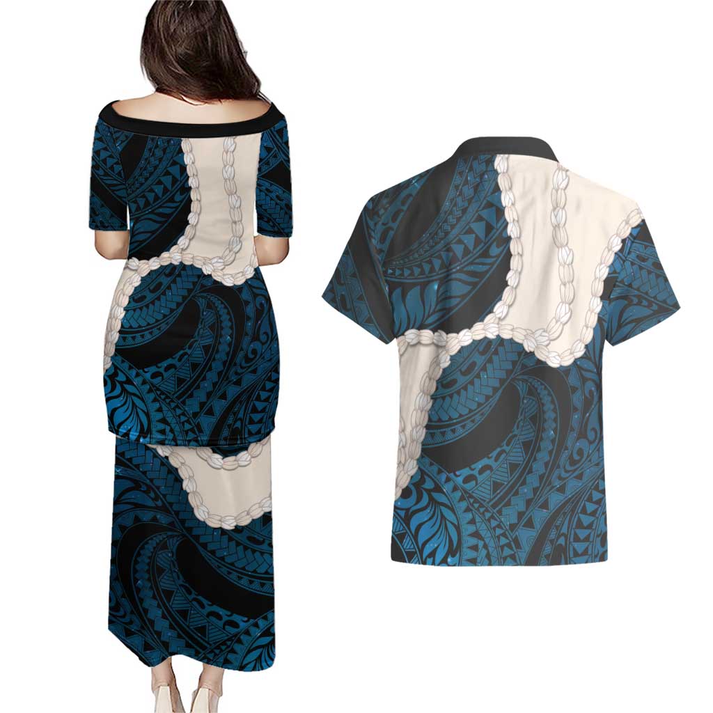 Blue Galaxy Polynesia Tribal Octopus Tattoo Couples Matching Puletasi and Hawaiian Shirt Pikake Lei Polynesian Pattern