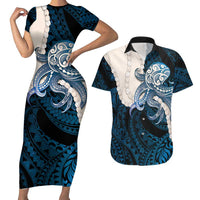 Blue Galaxy Polynesia Tribal Octopus Tattoo Couples Matching Short Sleeve Bodycon Dress and Hawaiian Shirt Pikake Lei Polynesian Pattern