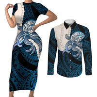 Blue Galaxy Polynesia Tribal Octopus Tattoo Couples Matching Short Sleeve Bodycon Dress and Long Sleeve Button Shirt Pikake Lei Polynesian Pattern