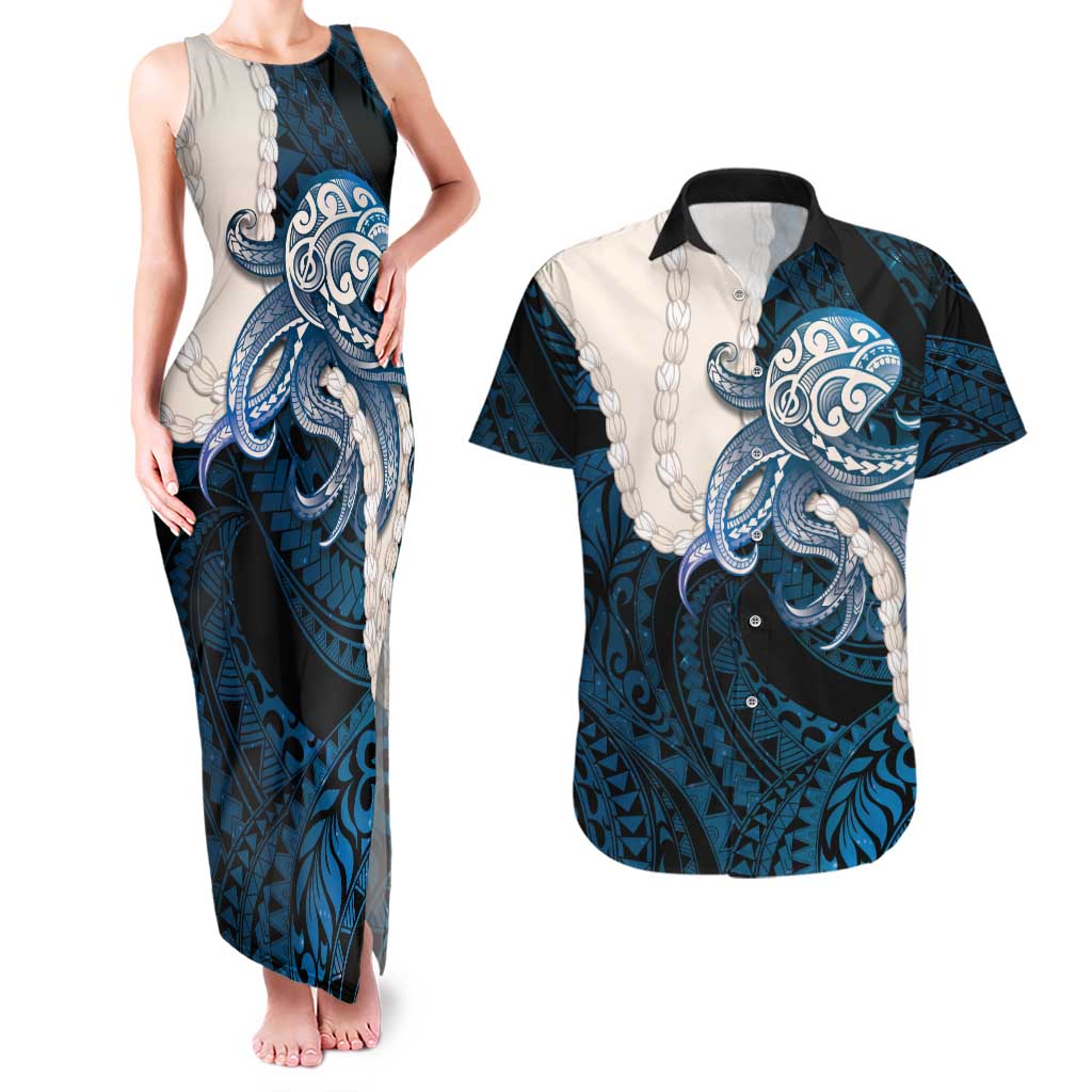 Blue Galaxy Polynesia Tribal Octopus Tattoo Couples Matching Tank Maxi Dress and Hawaiian Shirt Pikake Lei Polynesian Pattern