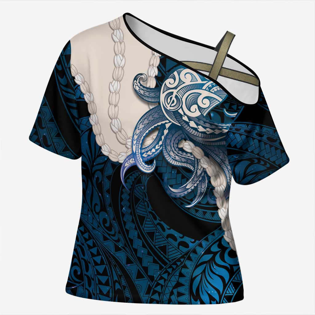 Blue Galaxy Polynesia Tribal Octopus Tattoo Cross Shoulder Shirt Pikake Lei Polynesian Pattern