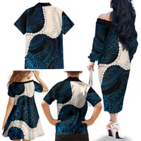 Blue Galaxy Polynesia Tribal Octopus Tattoo Family Matching Off The Shoulder Long Sleeve Dress and Hawaiian Shirt Pikake Lei Polynesian Pattern