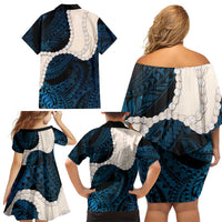 Blue Galaxy Polynesia Tribal Octopus Tattoo Family Matching Off Shoulder Short Dress and Hawaiian Shirt Pikake Lei Polynesian Pattern