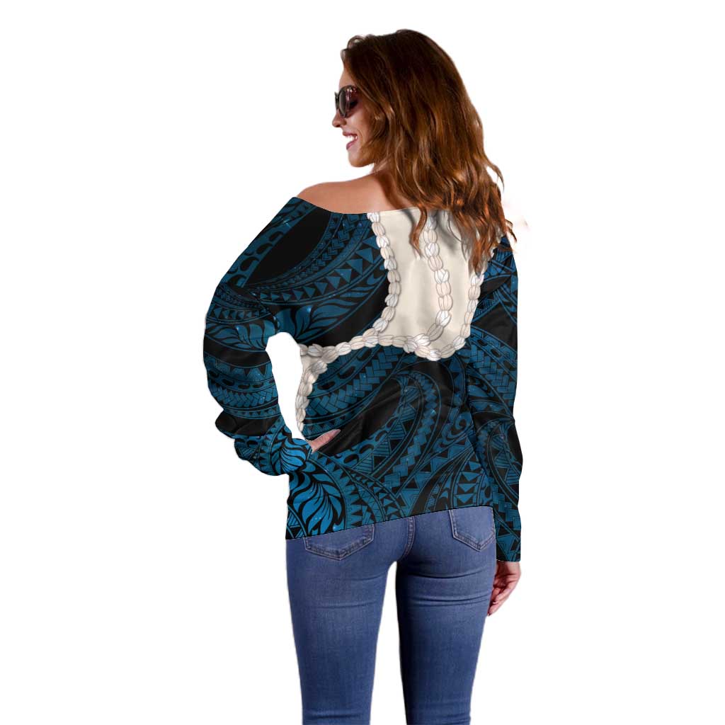 Blue Galaxy Polynesia Tribal Octopus Tattoo Off Shoulder Sweater Pikake Lei Polynesian Pattern