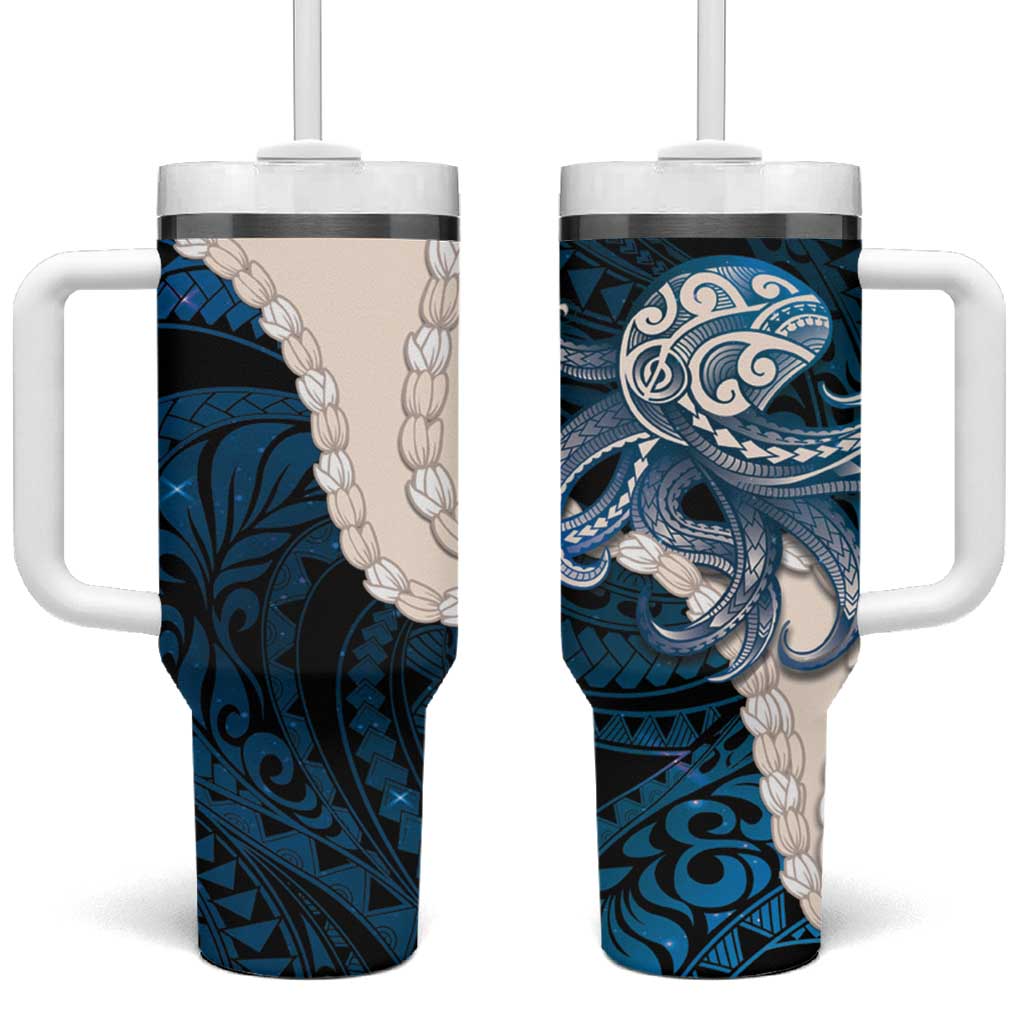 Blue Galaxy Polynesia Tribal Octopus Tattoo Tumbler With Handle Pikake Lei Polynesian Pattern
