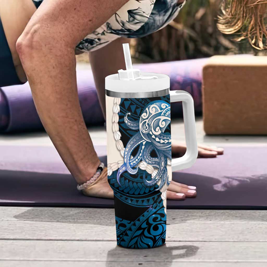 Blue Galaxy Polynesia Tribal Octopus Tattoo Tumbler With Handle Pikake Lei Polynesian Pattern