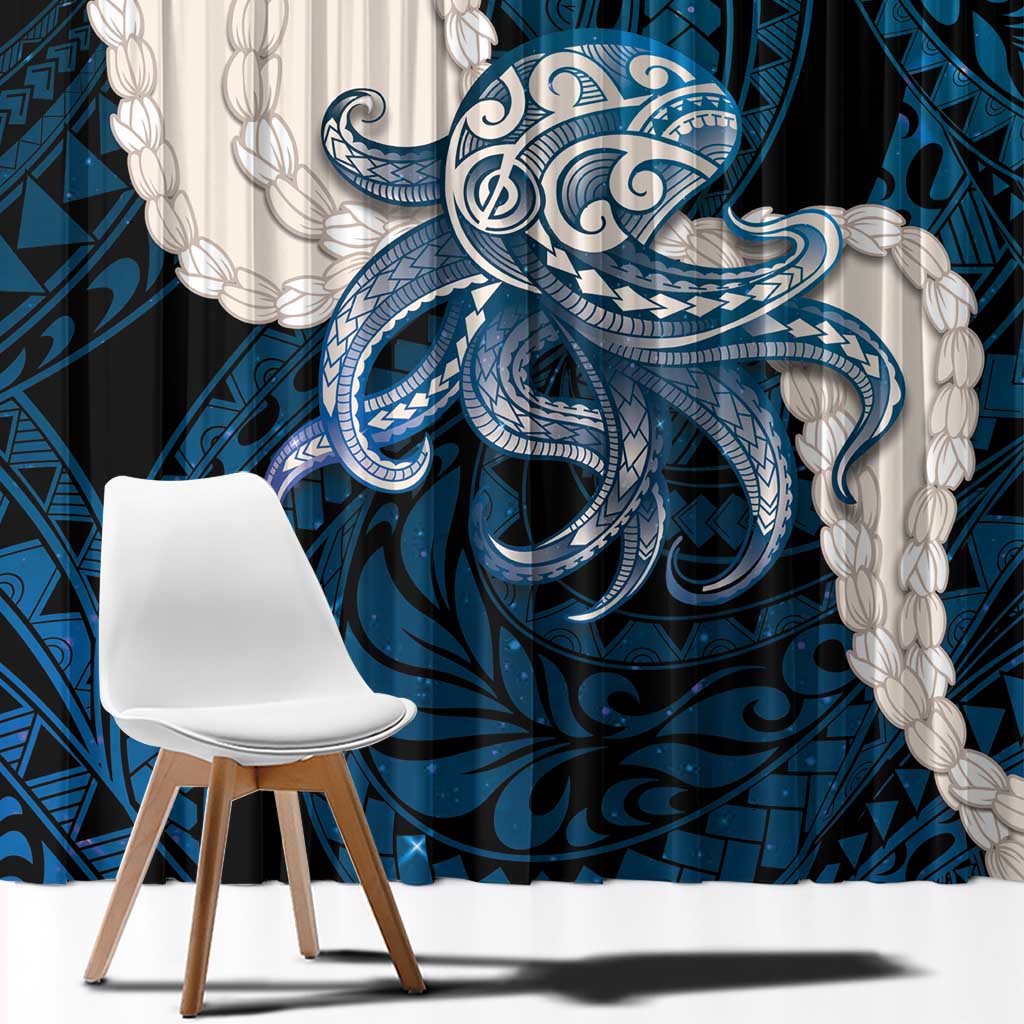 Blue Galaxy Polynesia Tribal Octopus Tattoo Window Curtain Pikake Lei Polynesian Pattern