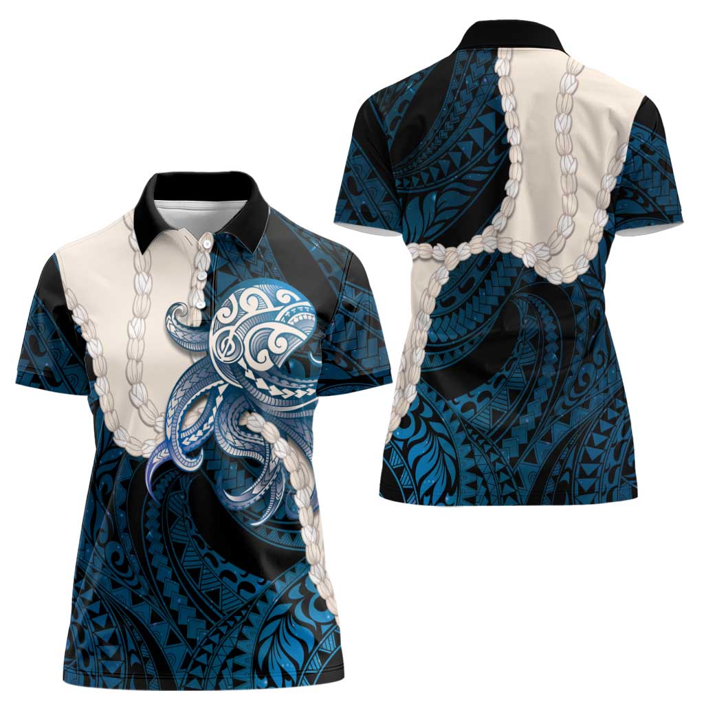 Blue Galaxy Polynesia Tribal Octopus Tattoo Women Polo Shirt Pikake Lei Polynesian Pattern