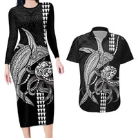 Kanaloa Aloha Hawaii Couples Matching Long Sleeve Bodycon Dress and Hawaiian Shirt Humpback Whale Octopus Tattoo Kakau Pattern