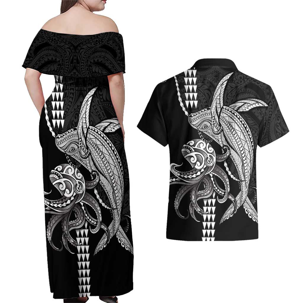 Kanaloa Aloha Hawaii Couples Matching Off Shoulder Maxi Dress and Hawaiian Shirt Humpback Whale Octopus Tattoo Kakau Pattern