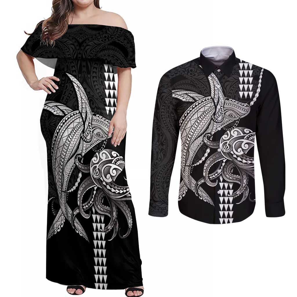 Kanaloa Aloha Hawaii Couples Matching Off Shoulder Maxi Dress and Long Sleeve Button Shirt Humpback Whale Octopus Tattoo Kakau Pattern