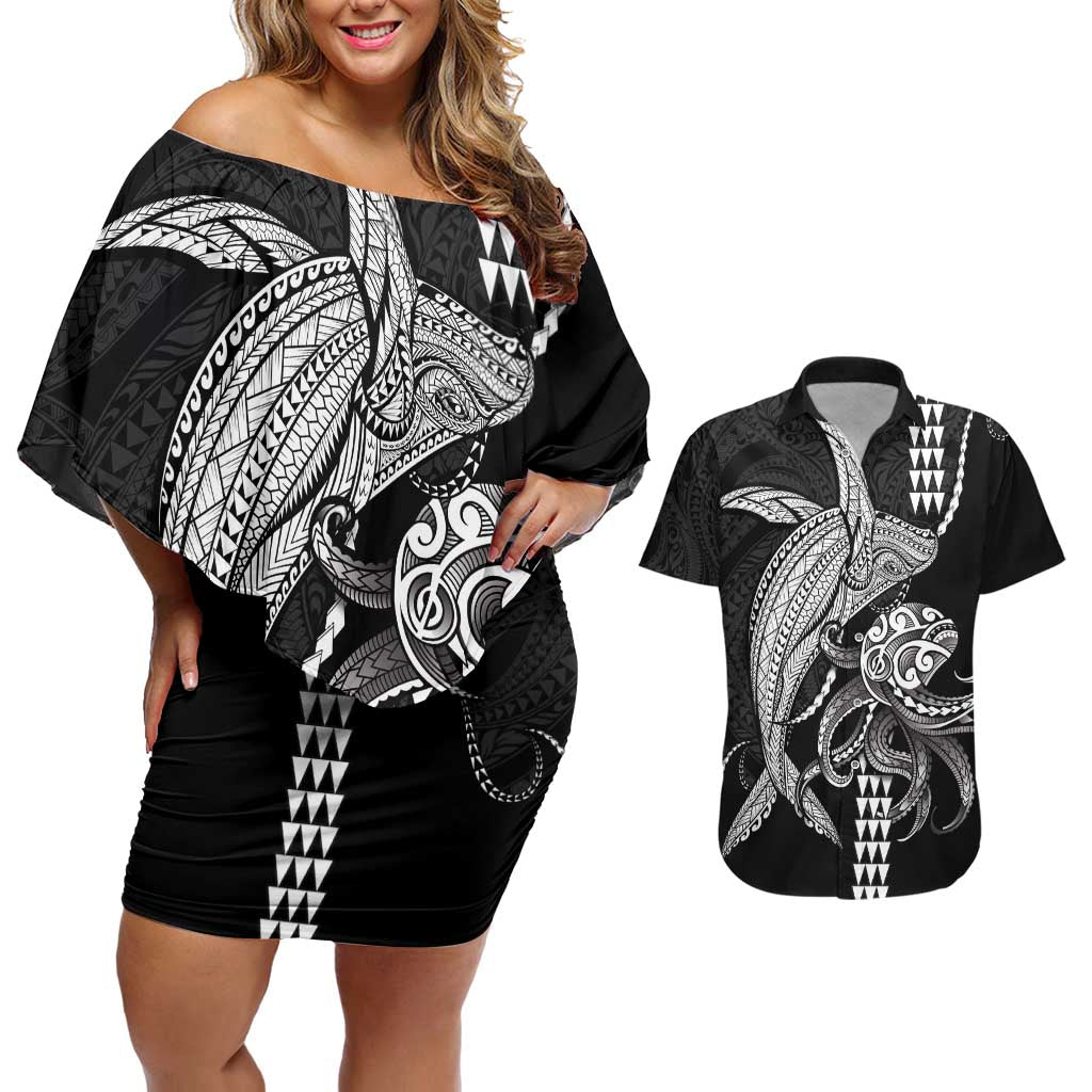 Kanaloa Aloha Hawaii Couples Matching Off Shoulder Short Dress and Hawaiian Shirt Humpback Whale Octopus Tattoo Kakau Pattern LT14 Black - Polynesian Pride